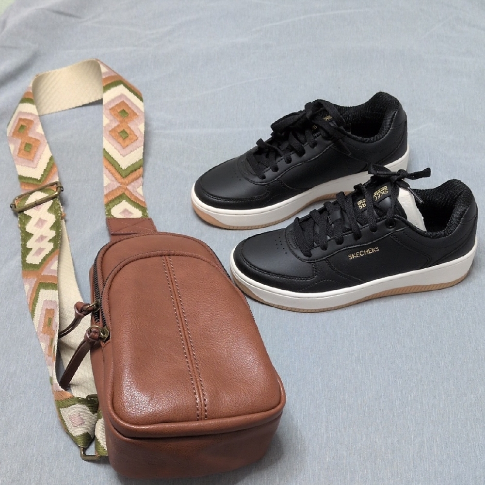 Brown Leather Crossbody Bag & Skecher Black Leather Sport Court 2.0 In Box